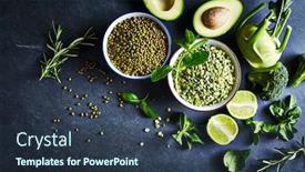  Presentation with dark green - Colorful theme enhanced with assorted-healthy-green-food-ingredients backdrop and a tawny brown colored foreground