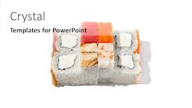  Presentation with shrimp fish - Theme enhanced with assorted-maki-sushi-with-salmon background and a  colored foreground