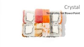  Presentation with shrimp fish - PPT theme featuring assorted-maki-sushi-with-salmon background and a  colored foreground