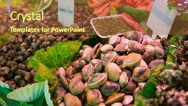  Presentation with seafood - Presentation design enhanced with assorted mollusks on ice in seafood market background and a tawny brown colored foreground