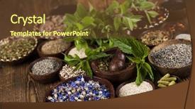  Presentation with herbal medicine healing herbs mortar - Colorful presentation enhanced with assorted natural medical herbs backdrop and a tawny brown colored foreground