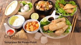  Presentation with asian food - Slide set featuring assorted of asian food spring roll samossa rice soup shrimp background and a coral colored foreground