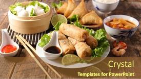  Presentation with dim sum - Slides enhanced with assorted-of-asian-food-spring background and a tawny brown colored foreground