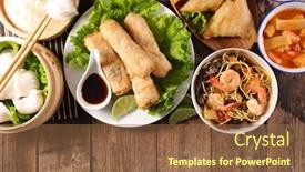  Presentation with asian food - Colorful slide deck enhanced with assorted-of-asian-food backdrop and a tawny brown colored foreground