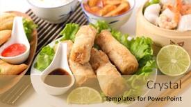  Presentation with asian food - Audience pleasing PPT theme consisting of assorted-of-asian-food backdrop and a yellow colored foreground