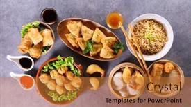  Presentation with asian food - Colorful PPT theme enhanced with assorted-of-asian-food backdrop and a gold colored foreground
