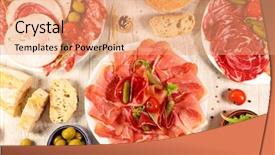  Presentation with meat - Presentation design enhanced with assorted of meat sausage salami background and a coral colored foreground