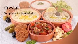  Presentation with oriental food - Audience pleasing PPT layouts consisting of assorted of oriental food mezze backdrop and a coral colored foreground
