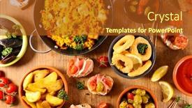  Presentation with spanish food - PPT layouts consisting of assorted-of-spanish-food-tapas background and a tawny brown colored foreground