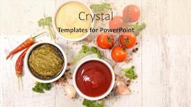  Presentation with ketchup - Beautiful slide deck featuring assorted of various sauce ketchup pesto mustard and mayonnaise backdrop and a lemonade colored foreground