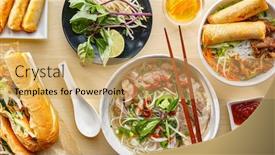  Presentation with dinner - Audience pleasing PPT theme consisting of assorted-vietnamese-dishes-with-pho backdrop and a yellow colored foreground