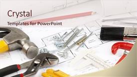  Presentation with building plans - Beautiful slide deck featuring assorted work tools on building plans backdrop and a sky blue colored foreground