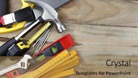  Presentation with wood tools - Slide deck consisting of assorted work tools on wood background and a coral colored foreground