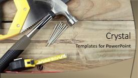  Presentation with wood tools - Slides having assorted work tools on wood background and a mint green colored foreground