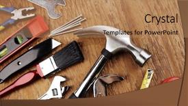  Presentation with wood tools - Slide set featuring assorted work tools on wood background and a coral colored foreground