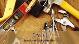  Presentation with wood tools - PPT theme featuring assorted work tools on wood background and a gold colored foreground