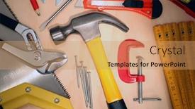  Presentation with wood tools - PPT theme having assorted-work-tools-on-wood background and a  colored foreground