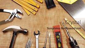  Presentation with wood tools - Slides consisting of assorted-work-tools-on-wood background and a coral colored foreground