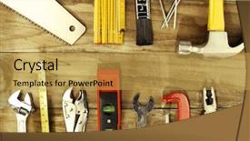 Presentation with wood tools - Beautiful presentation theme featuring assorted work tools on wood backdrop and a yellow colored foreground