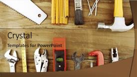  Presentation with wood tools - PPT theme having assorted work tools on wood background and a gold colored foreground