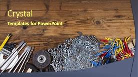  Presentation with wood tools - Presentation theme with triplet - assorted work tools on wood background and a tawny brown colored foreground