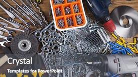  Presentation with wood tools - Presentation theme featuring assorted work tools on wood background background and a gray colored foreground