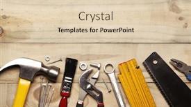  Presentation with wood tools - Audience pleasing PPT layouts consisting of assorted work tools on wood backdrop and a lemonade colored foreground