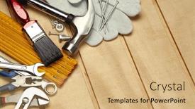  Presentation with wood tools - Colorful PPT theme enhanced with assorted work tools on wood backdrop and a coral colored foreground