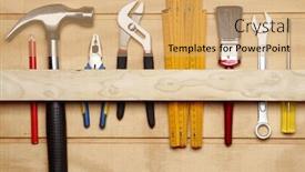 Presentation with wood tools - PPT theme with assorted work tools on wood background and a coral colored foreground