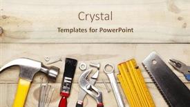  Presentation with wood tools - Beautiful PPT theme featuring assorted-work-tools-on-wood backdrop and a lemonade colored foreground