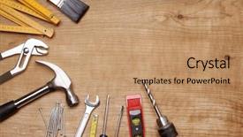  Presentation with wood tools - Colorful PPT theme enhanced with assorted work tools on wood backdrop and a coral colored foreground