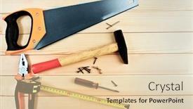  Presentation with wood carving tools - Colorful PPT theme enhanced with assorted work tools on wooden background backdrop and a lemonade colored foreground