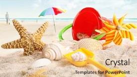  Presentation with children plush toy and dolls - Audience pleasing slides consisting of children's beach toys backdrop and a lemonade colored foreground