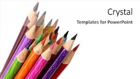  Presentation with coloured - Cool new slide set with assortment of coloured pencils with shadow on white background backdrop and a white colored foreground