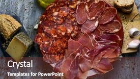  Presentation with olive oil - Theme with high-angle shot of a plate with an assortment of different spanish cold meats as chorizo cured pork tenderloin and serrano ham a piece of manchego cheese bread and a cruet with olive oil on a table background and a tawny brown colored foreground