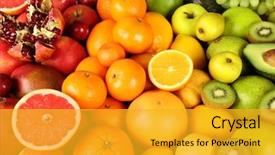  Presentation with fruit - Audience pleasing theme consisting of assortment of exotic fruits close backdrop and a gold colored foreground