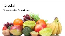  Presentation with fresh fruits salad on white - Slides with assortment of exotic fruits isolated background and a  colored foreground