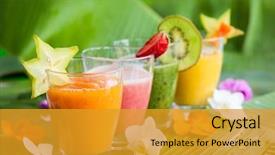  Presentation with smoothies - Presentation theme having assortment of fresh tropical fruits background and a gold colored foreground
