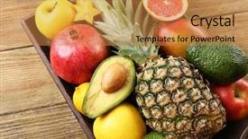  Presentation with wooden board empty table top - Amazing theme having assortment of fruits on wooden backdrop and a gold colored foreground