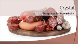  Presentation with sausages - Amazing PPT theme having assortment of sausages on wooden board isolated on white backdrop and a lemonade colored foreground
