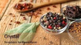  Presentation with spoon - PPT theme enhanced with assortment of spices in glass bowls and spoon on wooden background background and a coral colored foreground