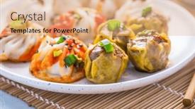  Presentation with dim sum - Presentation design with assortment-of-steamed-dumplings-dim background and a coral colored foreground