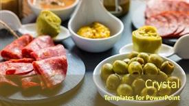 Presentation with appetizers - Beautiful presentation design featuring assortment-of-tapas-and-antipasti backdrop and a tawny brown colored foreground