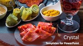  Presentation with appetizers - Presentation theme with assortment-of-tapas-and-antipasti background and a tawny brown colored foreground