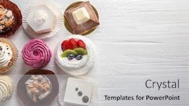  Presentation with sweets - PPT layouts enhanced with assortment of tasty sweets on wooden background background and a light gray colored foreground