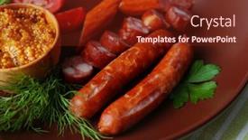  Presentation with sausages - PPT theme with assortment of tasty thin sausages on plate on wooden background background and a tawny brown colored foreground