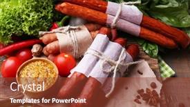  Presentation with sausages - PPT layouts enhanced with assortment of thin sausages mustard in bowl and spices on cutting board on wooden background background and a tawny brown colored foreground