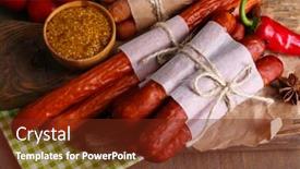  Presentation with sausages - Presentation design featuring assortment of thin sausages mustard in bowl and spices on cutting board on wooden background background and a tawny brown colored foreground