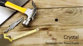  Presentation with wood tools - Slide deck consisting of assortment of tools on wood background and a coral colored foreground