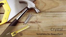  Presentation with wood tools - PPT theme having assortment of tools on wood background and a coral colored foreground